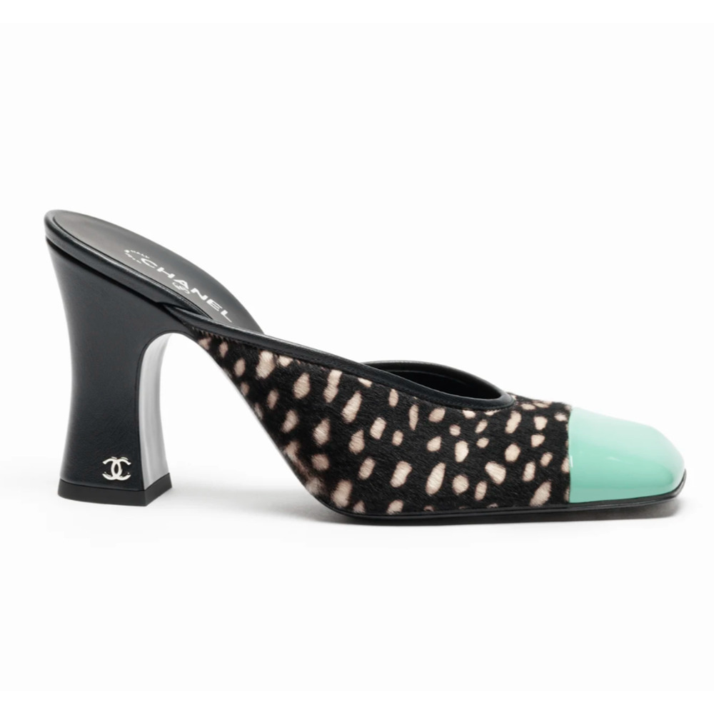 Chanel 26S Blazy Black White Pony Fur Green Square Toe Block Heel Pump Mule 36